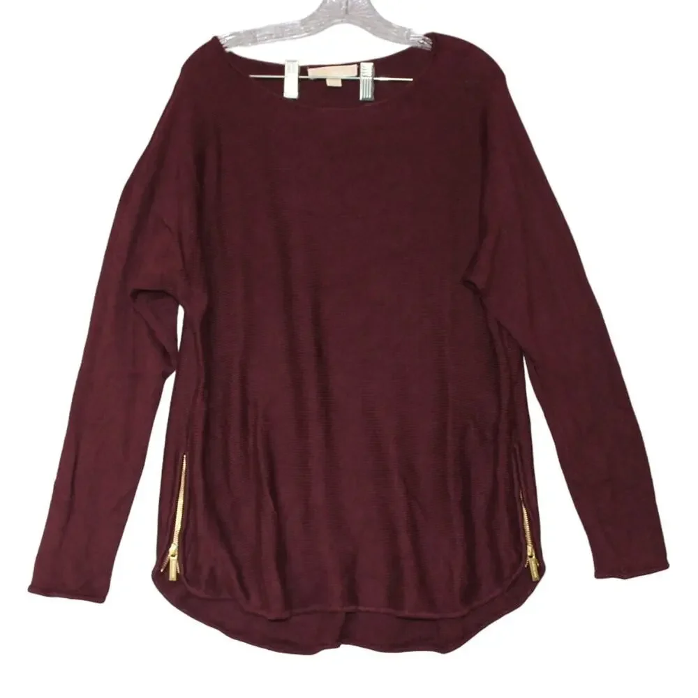 MICHAEL KORS Sweater Sz Large Burgundy Knit Gold Metal Zippers‎